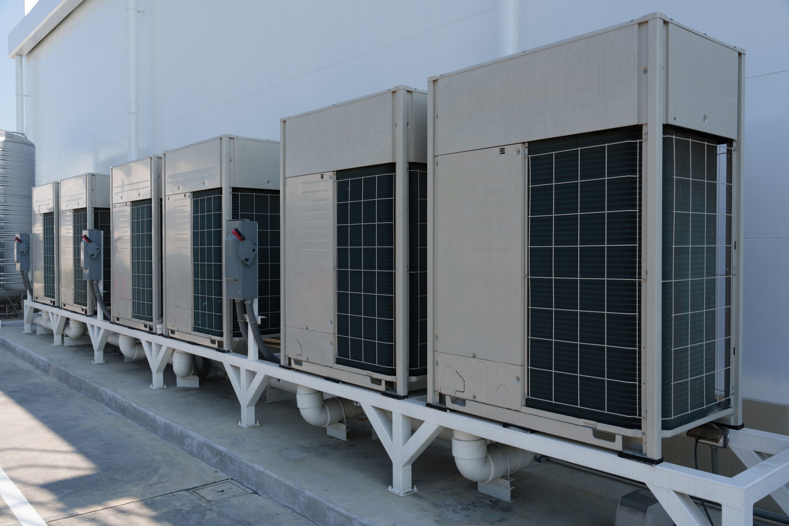 Commercial Hvac Services Air Compressor Or Air Condenser Unit Located On Support Outside Building To Heat Released Transferred To Surrounding Environment Compressor Is Part Of Cooling Function And Air Conditioning